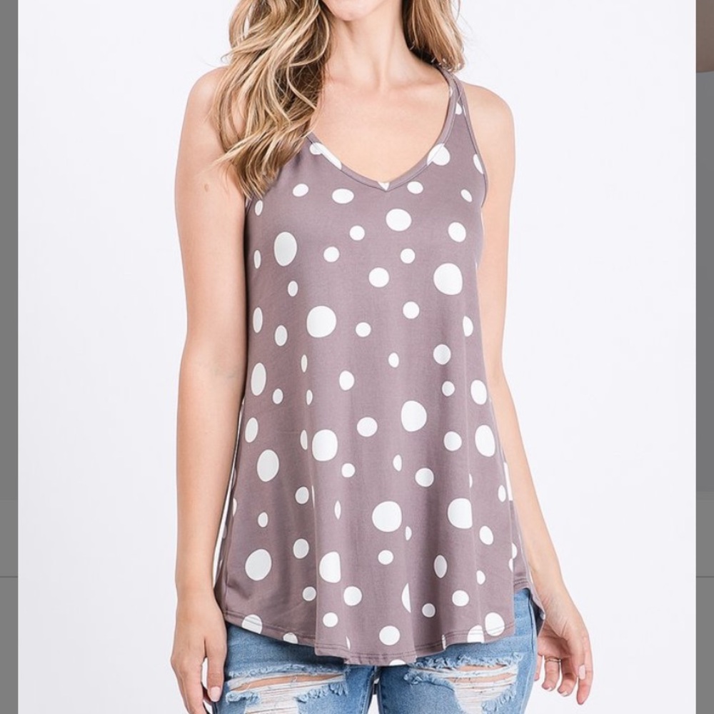 Tobacco & White Polka Dot V-Neck Tank, M